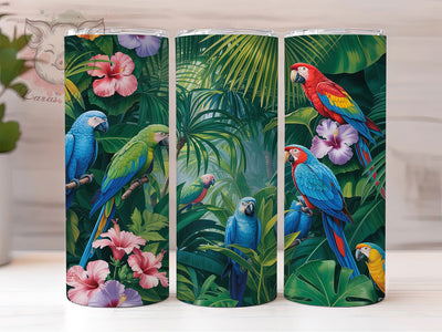 Tropical Parrot Hibiscus Tumbler, Hibiscus Flower, Monstera Leaves, Exotic Bird Design, Island Vibes, Botanical Artwork, Tumbler Wrap, Sublimation Design, 20oz Tumbler, Jungle Theme Sublimation Lara' s Designs 