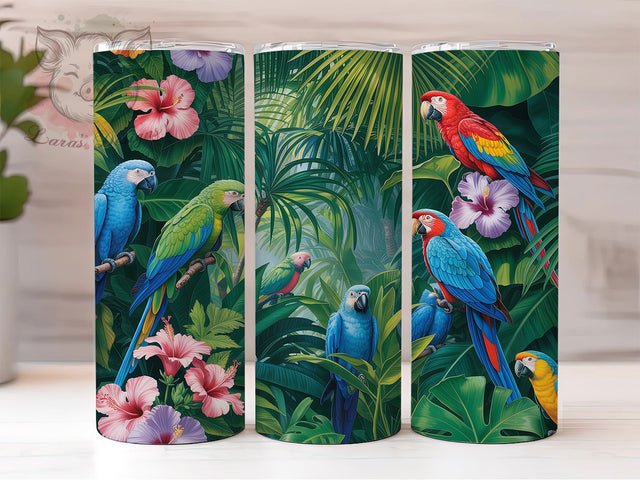 Tropical Parrot Hibiscus Tumbler, Hibiscus Flower, Monstera Leaves, Exotic Bird Design, Island Vibes, Botanical Artwork, Tumbler Wrap, Sublimation Design, 20oz Tumbler, Jungle Theme Sublimation Lara' s Designs 