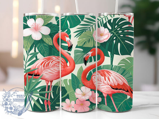 Tropical Pink Flamingo Tumbler, Seamless Pattern Wrap, Tropical Bird Design, Sublimation Cup, 20oz Skinny Tumbler, Summer Drinkware, Pink Flamingo Style Sublimation ToriDesigns 