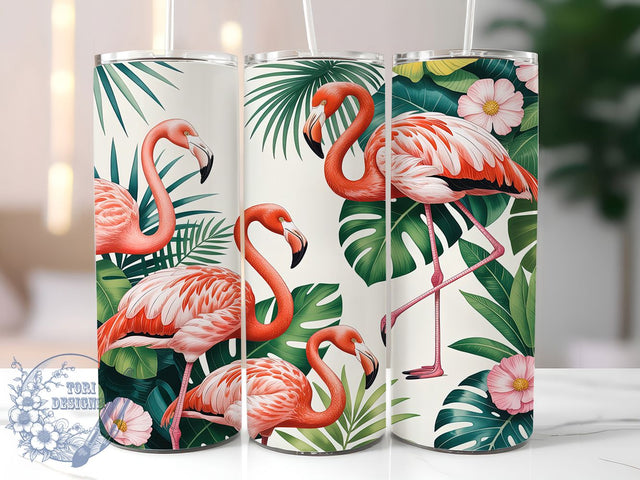 Tropical Pink Flamingo Tumbler, Seamless Pattern Wrap, Tropical Bird Design, Sublimation Cup, 20oz Skinny Tumbler, Summer Drinkware, Pink Flamingo Style Sublimation ToriDesigns 