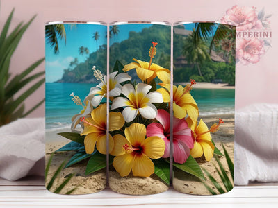 Tropical Plumeria Beach Tumbler Wrap, Hawaiian Beach Theme, Plumeria Pattern, Tropical Paradise Gift, Beach Floral Art, Island Style Tumbler, Exotic Flower Gift Sublimation Li Zamperini 