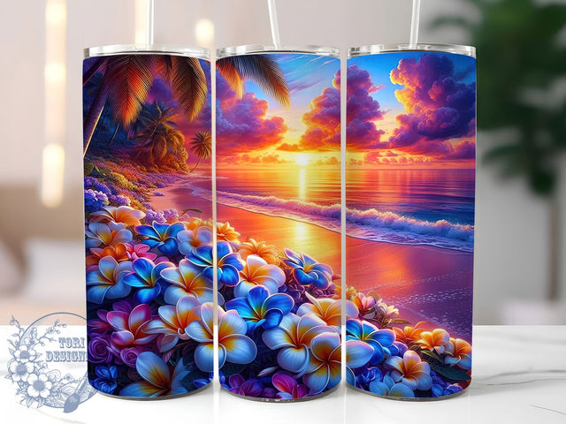 Tropical Plumeria Sunset Tumbler, Tropical Beach Sunset, Hawaiian Flower Pattern, 20Oz Sublimation Wrap, Island Sunset Art, Tropical Floral Texture, Tumbler Sublimation Sublimation ToriDesigns 