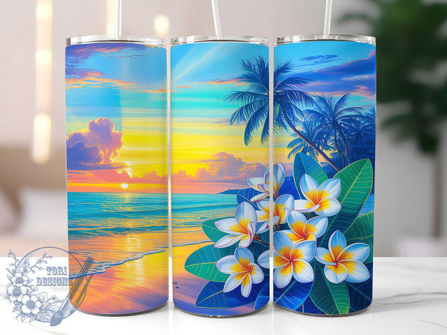 Tropical Plumeria Sunset Tumbler, Tropical Beach Sunset, Hawaiian Flower Pattern, 20Oz Sublimation Wrap, Island Sunset Art, Tropical Floral Texture, Tumbler Sublimation Sublimation ToriDesigns 