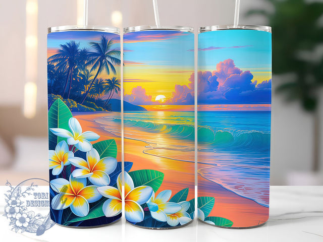 Tropical Plumeria Sunset Tumbler, Tropical Beach Sunset, Hawaiian Flower Pattern, 20Oz Sublimation Wrap, Island Sunset Art, Tropical Floral Texture, Tumbler Sublimation Sublimation ToriDesigns 
