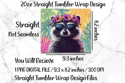 Tropical Raccoon 20oz Skinny Tumbler Wrap Sublimation Design. Sublimation CosmosFineArt 