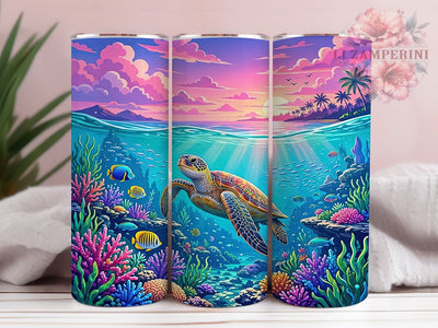 Tropical Sea Turtle Sunset 20oz Tumbler, Tropical Sea Turtle, Sunset Design, Ocean Theme, Sublimation Wrap, 20oz Tumbler, Coastal Aesthetic, Nature Charm Sublimation Li Zamperini 