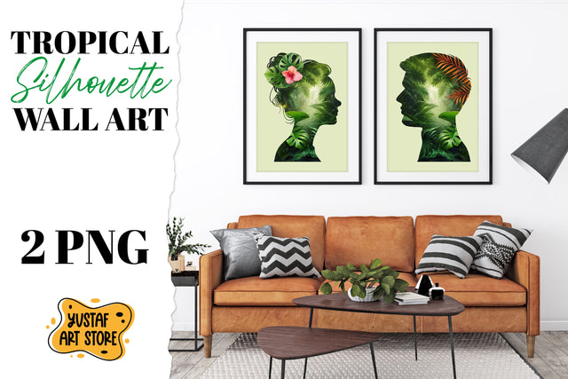 Tropical silhouette man and woman wall art. Tropical poster Sublimation Yustaf Art Store 