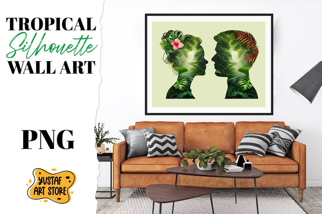 Tropical silhouette man and woman wall art. Tropical poster Sublimation Yustaf Art Store 