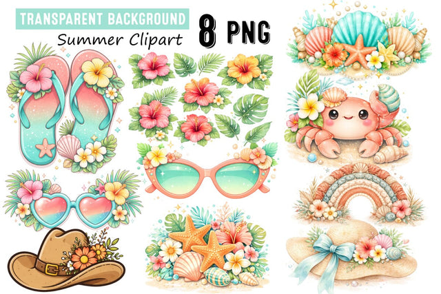 Tropical Summer Clipart Set with Flaming,Kawaii Summer Clipart Set Sublimation BlackCatsMedia 