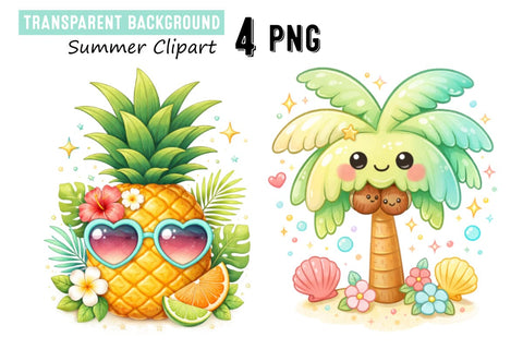 Tropical Summer Clipart Set with Flaming,Kawaii Summer Clipart Set Sublimation BlackCatsMedia 