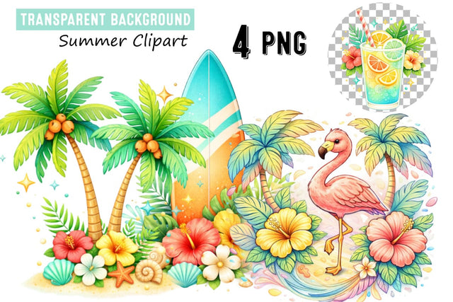Tropical Summer Clipart Set with Flaming,Kawaii Summer Clipart Set Sublimation BlackCatsMedia 