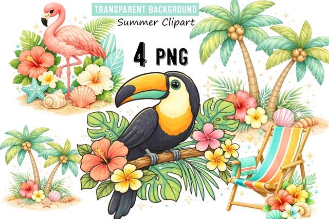 Tropical Summer Clipart Set with Flaming,Kawaii Summer Clipart Set Sublimation BlackCatsMedia 