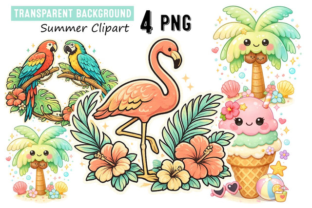Tropical Summer Clipart Set with Flaming,Kawaii Summer Clipart Set Sublimation BlackCatsMedia 
