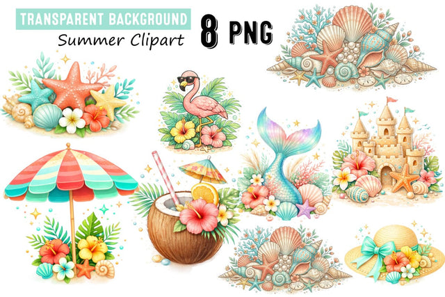 Tropical Summer Clipart Set with Flaming,Kawaii Summer Clipart Set Sublimation BlackCatsMedia 
