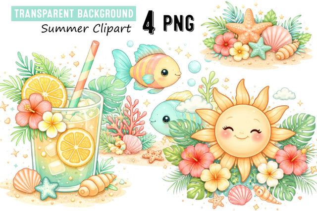 Tropical Summer Clipart Set with Flaming,Kawaii Summer Clipart Set Sublimation BlackCatsMedia 