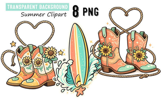 Tropical Summer Clipart Set with Flaming,Kawaii Summer Clipart Set Sublimation BlackCatsMedia 