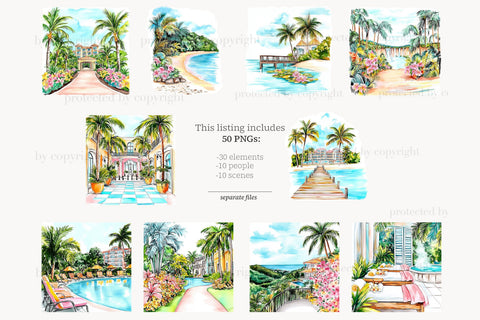 Tropical Summer Clipart | Vacation Island Girl Resort PNGs Digital Pattern GlamArtZhanna 