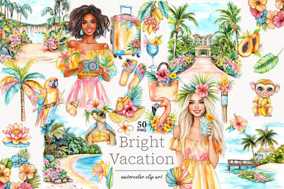 Tropical Summer Clipart | Vacation Island Girl Resort PNGs Digital Pattern GlamArtZhanna 