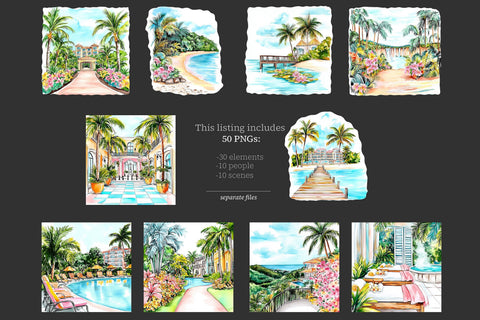 Tropical Summer Clipart | Vacation Island Girl Resort PNGs Digital Pattern GlamArtZhanna 