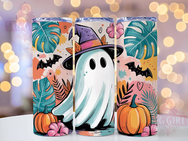Tropical Summer Ghost Halloween Tumbler, Summer Spooky Cup, 20Oz Sublimation Wrap, Beachy Halloween Mug, Cute Ghost Drinkware, Vibrant Spooky Tumbler, Island Halloween Design Sublimation SvggirlplusArt 