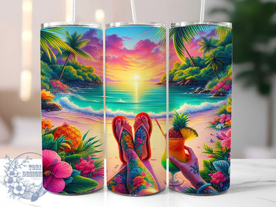 Tropical Sunset Beach 20oz Tumbler, Beach Sublimation Wrap, Vibrant Ocean PNG, Summer Beach Scene, 20oz Skinny Tumbler, Palm Tree Sunset Art, Coastal Vacation Design Sublimation ToriDesigns 