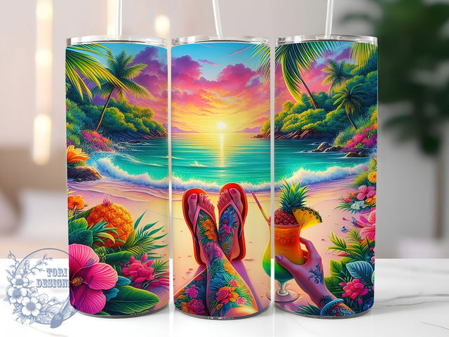 Tropical Sunset Beach 20oz Tumbler, Beach Sublimation Wrap, Vibrant Ocean PNG, Summer Beach Scene, 20oz Skinny Tumbler, Palm Tree Sunset Art, Coastal Vacation Design Sublimation ToriDesigns 