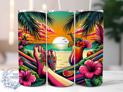 Tropical Sunset Beach 20oz Tumbler, Beach Sublimation Wrap, Vibrant Ocean PNG, Summer Beach Scene, 20oz Skinny Tumbler, Palm Tree Sunset Art, Coastal Vacation Design Sublimation ToriDesigns 