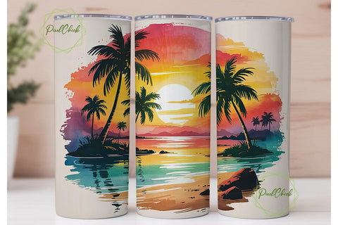 Tropical Sunset Beach 20oz Tumbler Wrap Sublimation PixelChick 