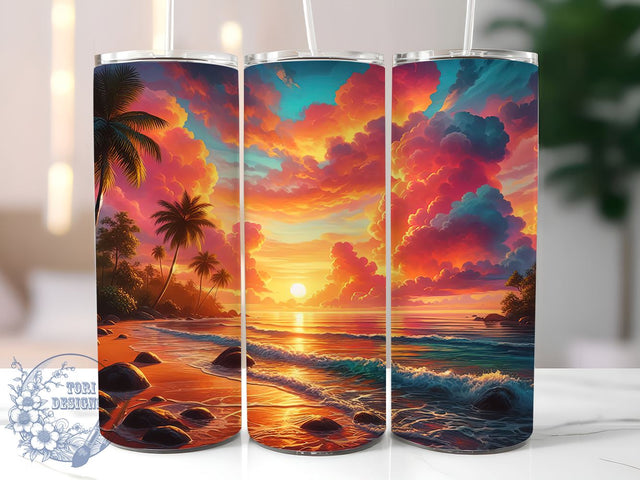 Tropical Sunset Beach Scene 20oz Skinny Tumbler, Beach Scene Tumbler Png, Straight & Tapered Tumbler Wrap, Instant Digital Download Sublimation ToriDesigns 