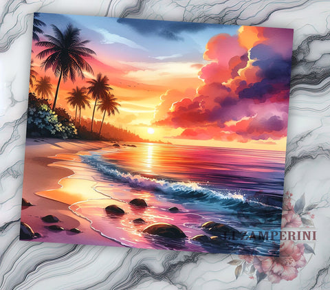 Tropical Sunset Beach Scene 20oz Tumbler Wrap PNG, Beach Scene Tumbler Png, Straight & Tapered Tumbler Wrap, Instant Digital Download Sublimation Li Zamperini 