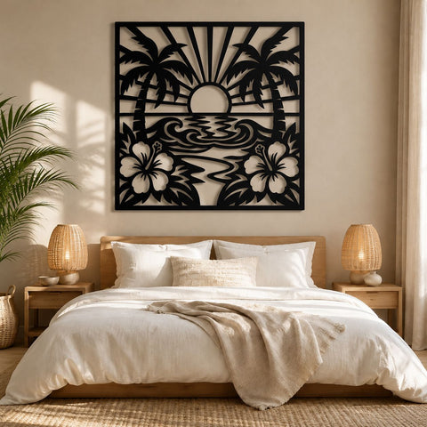 Tropical Sunset Beach Scene Laser SVG | Palm Tree Metal Wall Art DXF | Hibiscus Plasma Cut File | CNC Laser Cut Svg | Coastal Decor SVG HappyDesignStudio 