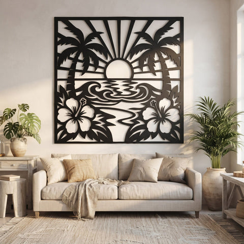 Tropical Sunset Beach Scene Laser SVG | Palm Tree Metal Wall Art DXF | Hibiscus Plasma Cut File | CNC Laser Cut Svg | Coastal Decor SVG HappyDesignStudio 