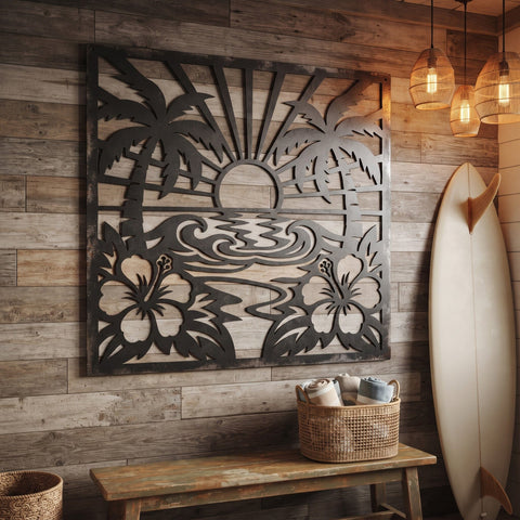 Tropical Sunset Beach Scene Laser SVG | Palm Tree Metal Wall Art DXF | Hibiscus Plasma Cut File | CNC Laser Cut Svg | Coastal Decor SVG HappyDesignStudio 