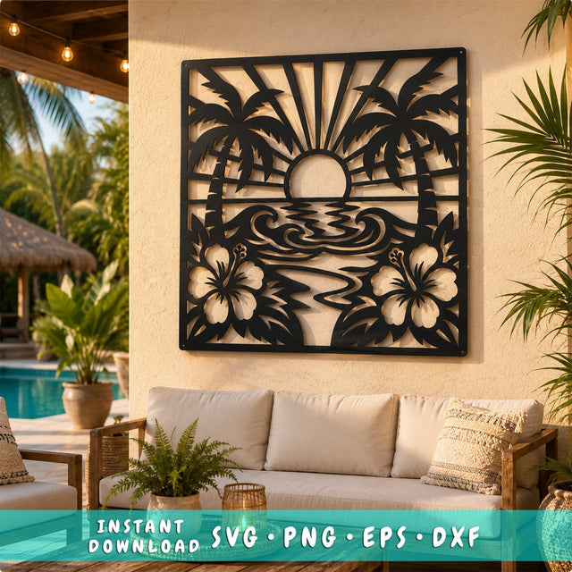 Tropical Sunset Beach Scene Laser SVG | Palm Tree Metal Wall Art DXF | Hibiscus Plasma Cut File | CNC Laser Cut Svg | Coastal Decor SVG HappyDesignStudio 
