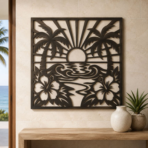 Tropical Sunset Beach Scene Laser SVG | Palm Tree Metal Wall Art DXF | Hibiscus Plasma Cut File | CNC Laser Cut Svg | Coastal Decor SVG HappyDesignStudio 