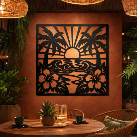 Tropical Sunset Beach Scene Laser SVG | Palm Tree Metal Wall Art DXF | Hibiscus Plasma Cut File | CNC Laser Cut Svg | Coastal Decor SVG HappyDesignStudio 