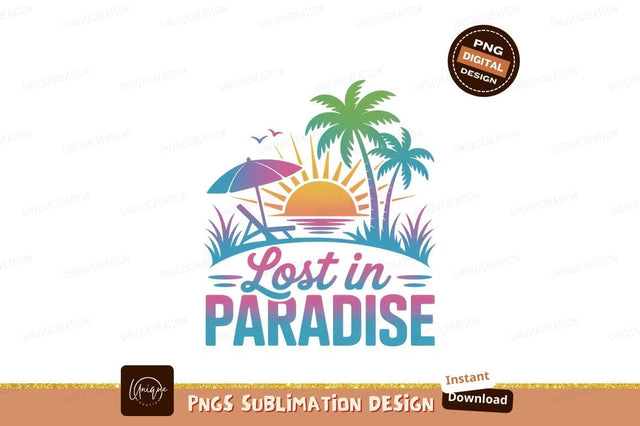 Tropical sunset beach scene with palm trees and lounge chair Sublimation Designangry 