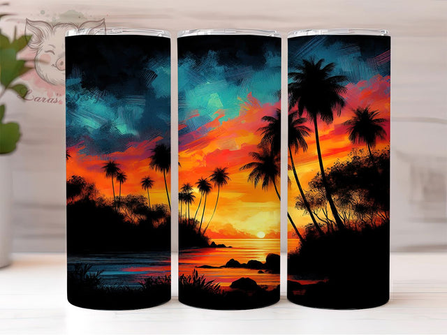Tropical Sunset Beach Tumbler, Tropical Gift Cup, Summer Vibes Present, Palm Tree Drinkware, Sunset Beach Gift, Paradise Theme Cup, Coastal Life Tumbler Sublimation Lara' s Designs 