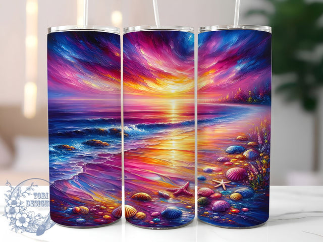 Tropical Sunset Ocean Tumbler, Colorful Beach Wrap, Sea Shell Tumbler Design, Coastal Vibes Sublimation, 20oz Skinny Ocean Wrap, Tropical Sunset Cup, Mermaid Aesthetic Tumbler Sublimation ToriDesigns 