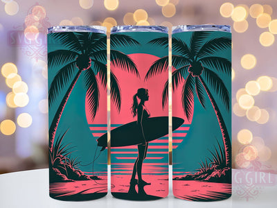 Tropical Sunset Surfing Tumbler, Sunset Art, Tropical Moon, Ocean Waves, Palm Trees, Tumbler Wrap, Sublimation Design, 20oz Tumbler, Beach Theme Sublimation SvggirlplusArt 