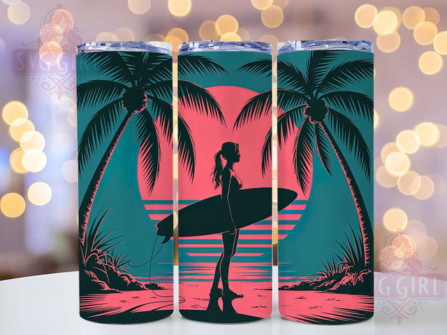 Tropical Sunset Surfing Tumbler, Sunset Art, Tropical Moon, Ocean Waves, Palm Trees, Tumbler Wrap, Sublimation Design, 20oz Tumbler, Beach Theme Sublimation SvggirlplusArt 