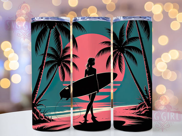Tropical Sunset Surfing Tumbler, Sunset Art, Tropical Moon, Ocean Waves, Palm Trees, Tumbler Wrap, Sublimation Design, 20oz Tumbler, Beach Theme Sublimation SvggirlplusArt 