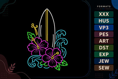Tropical Surfboard Hibiscus Summer Beach Floral Embroidery Design Embroidery/Applique DESIGNS sg embroidery 