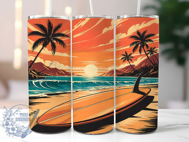 Tropical Surfboard Sunset 20oz Tumbler Wrap, Beach Sunset Design, 20oz Sublimation Wrap, Tropical Surf Tumbler, Ocean Vibes Cup, Surfing Drinkware, Summer Beach Tumbler Sublimation ToriDesigns 
