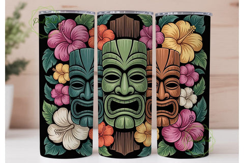 Tropical Tiki Masks Tumbler Wrap Sublimation PixelChick 