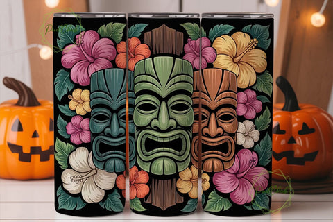 Tropical Tiki Masks Tumbler Wrap Sublimation PixelChick 