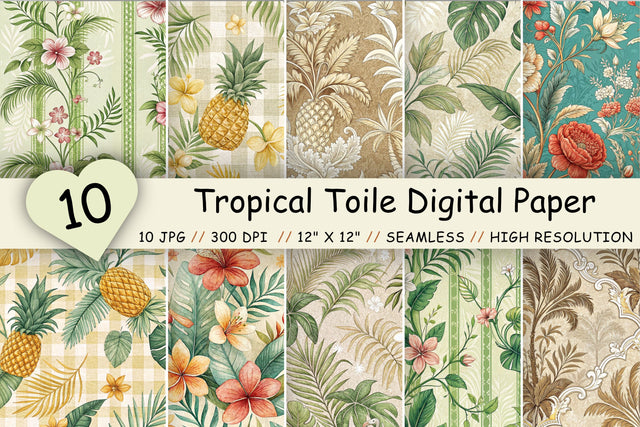 Tropical Toile Digital Paper Pack, Vintage Floral Toile, Gingham & Stripe Seamless Patterns, Wedding, Scrapbooking & Printable Crafts Digital Pattern FloridPrintables 