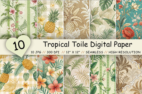Tropical Toile Digital Paper Pack, Vintage Floral Toile, Gingham & Stripe Seamless Patterns, Wedding, Scrapbooking & Printable Crafts Digital Pattern FloridPrintables 