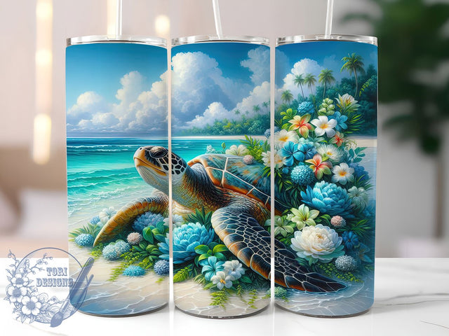 Tropical Turtle Floral 20oz Tumbler, Ocean Tumbler, Summer Sublimation, Coastal Wrap Design, Nature PNG, 20oz Tumbler Wrap Sublimation ToriDesigns 