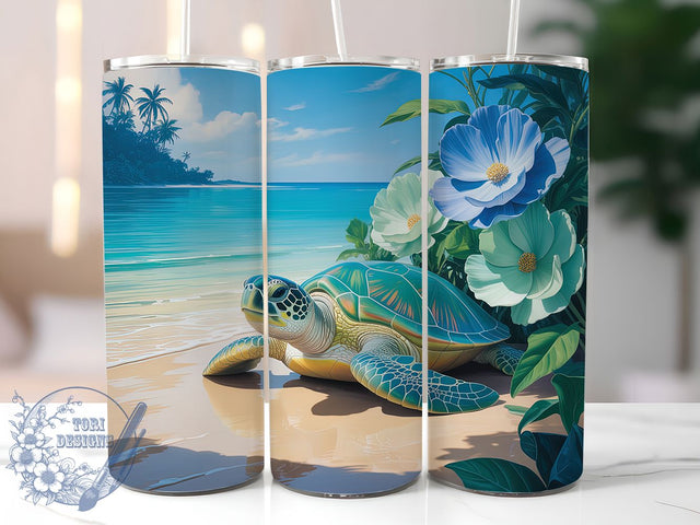 Tropical Turtle Floral 20oz Tumbler, Ocean Tumbler, Summer Sublimation, Coastal Wrap Design, Nature PNG, 20oz Tumbler Wrap Sublimation ToriDesigns 